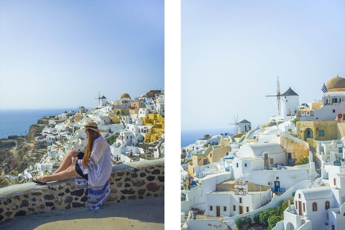 windmills in oia backpacking santorini on a budget