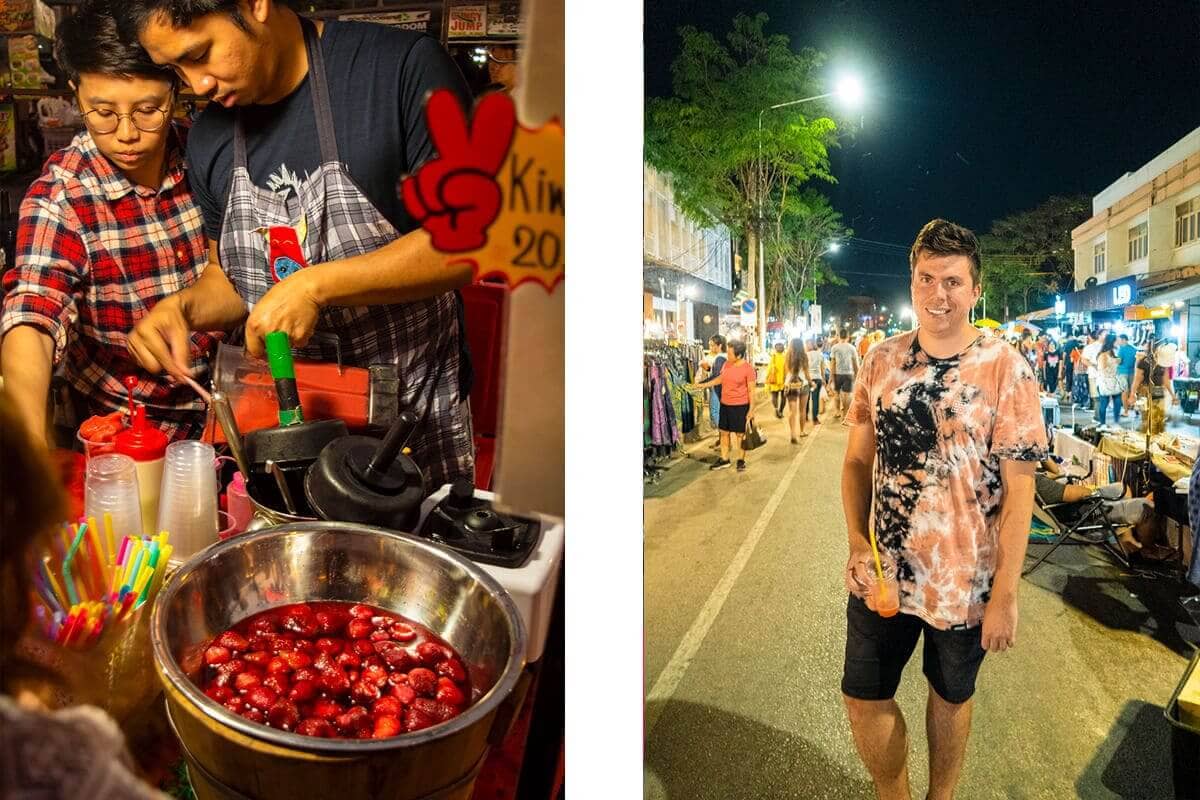 buying a strawberry flavored smoothie at the sunday night bazaar chiang mai