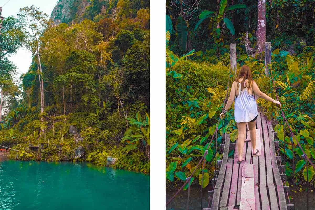 climbing over a wooden bridge that leads to a cave at the blue lagoon in vang vieng