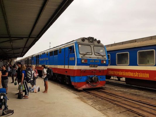 arriving at the train station from hanoi to hue