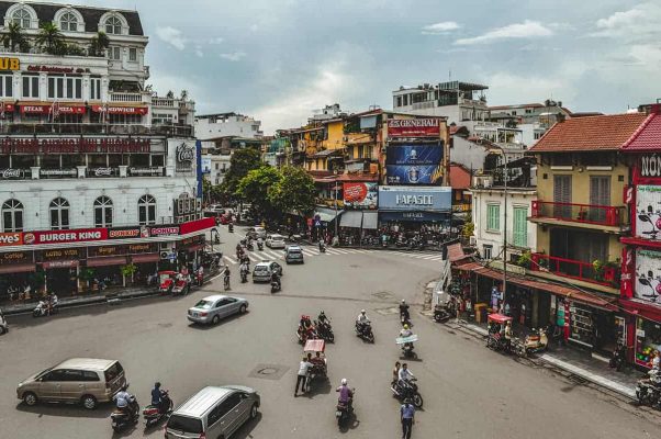 views from a rooftops cafe while backpacking hanoi