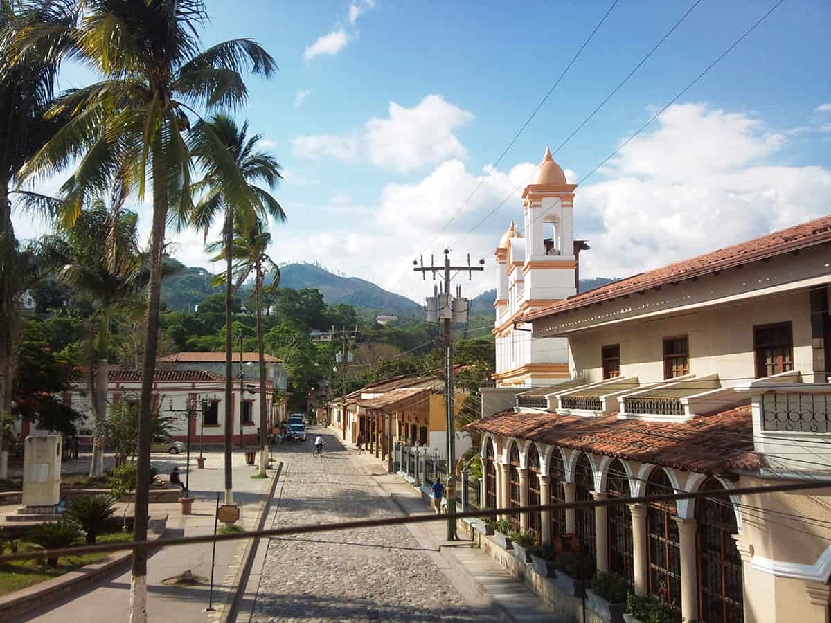 the view over the central park and the neighboring buildings in copan ruinas