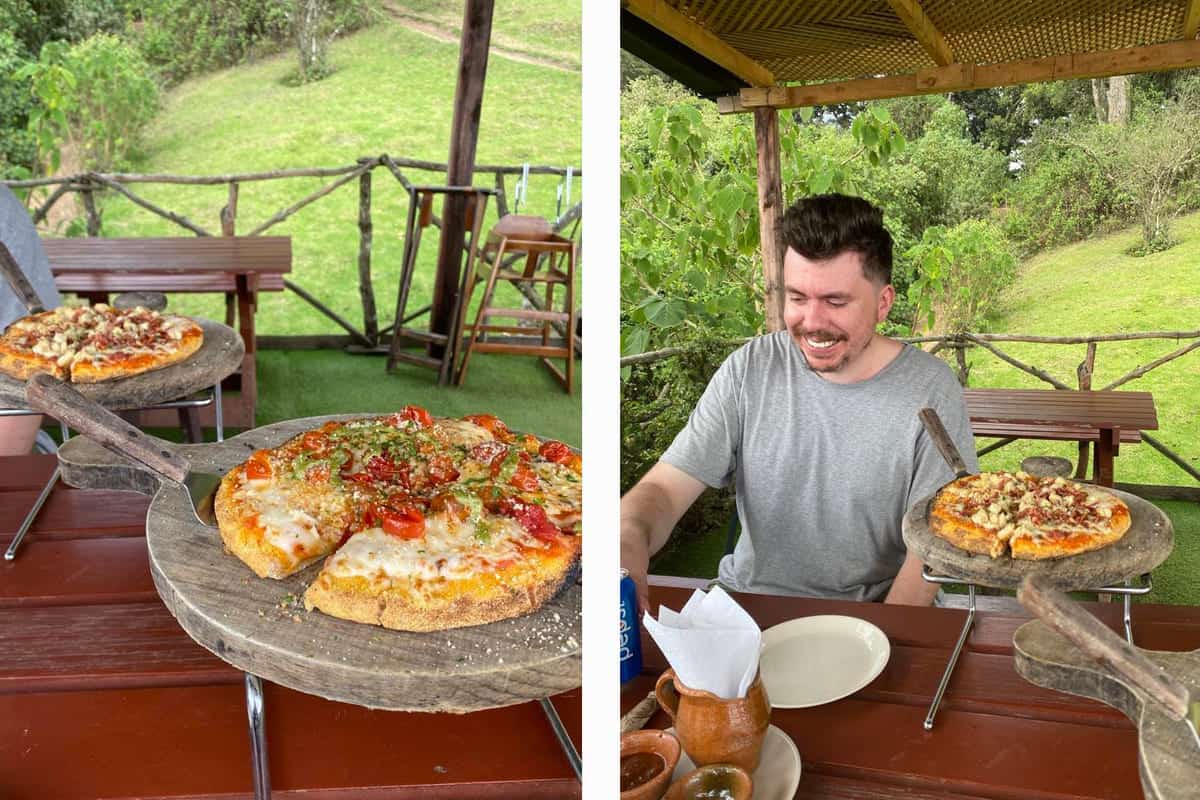 enjoying a margarita pizza from the onsite restaurant at hobbitenango