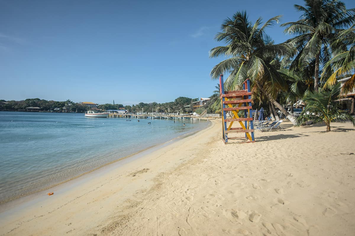 the white sand and clear water of half moon bay in roatan