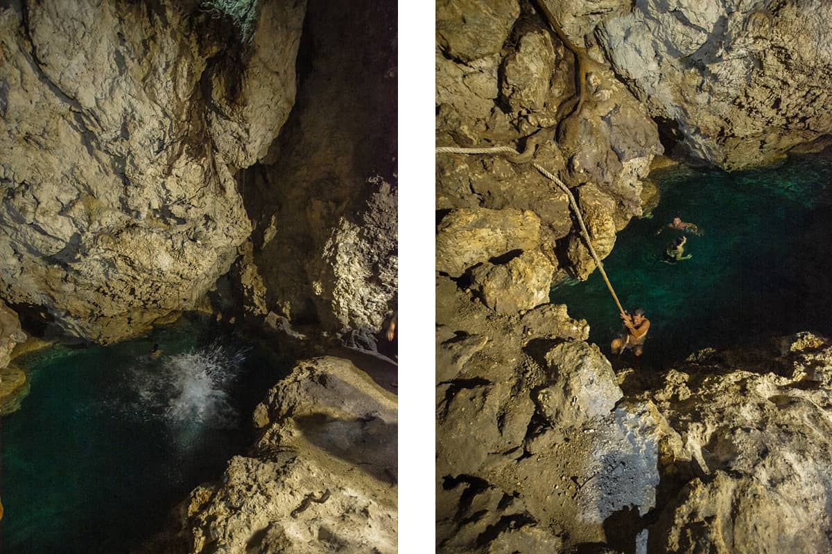 jumping into the dark waters at the secret grotto