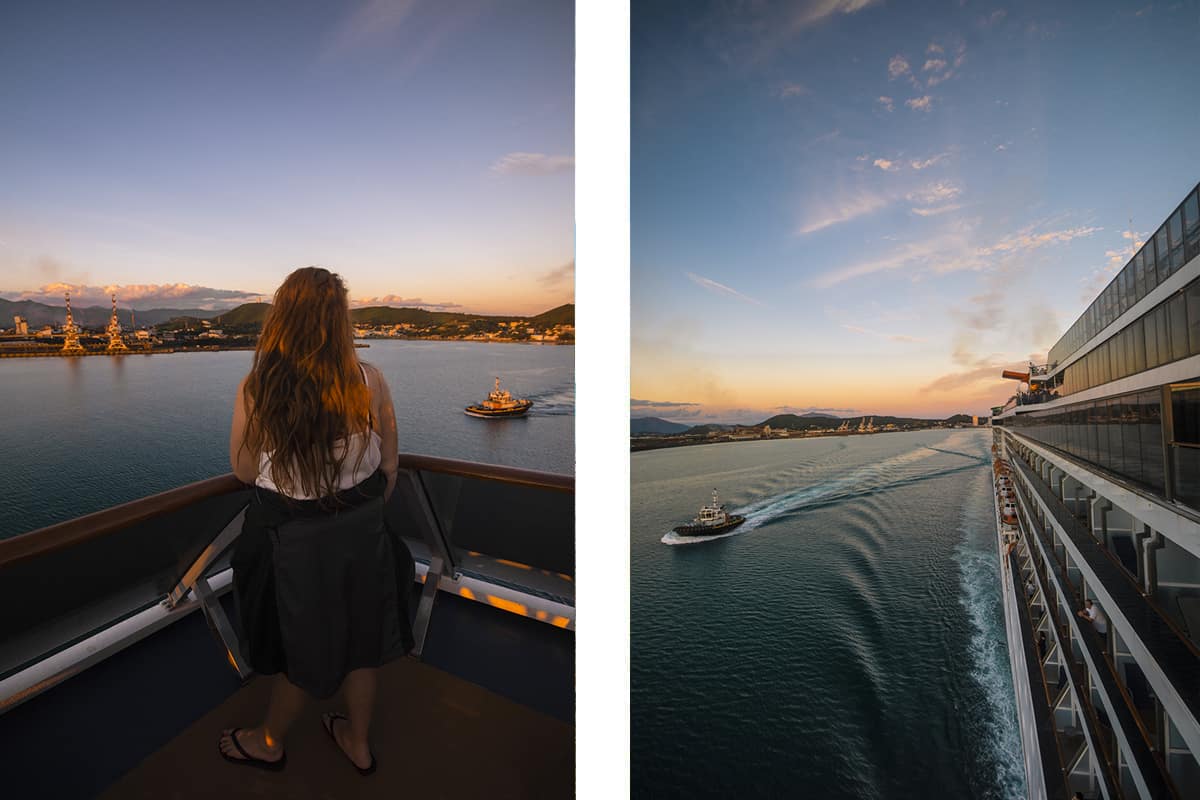 leaving noumea during sunset with a couple tug boats following us