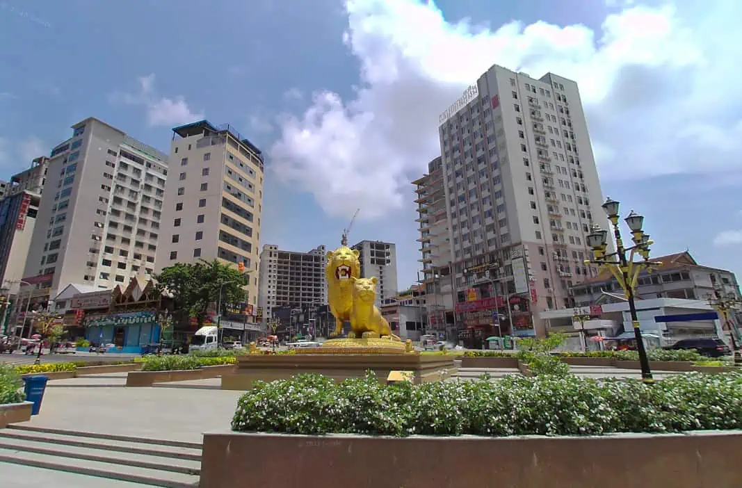 Is Sihanoukville Worth Visiting In 2023? 53 what the famous lion round a bout looks like nowdays which large apartment buildings in the background