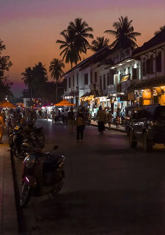 sunset down the main walking street in luang prabang