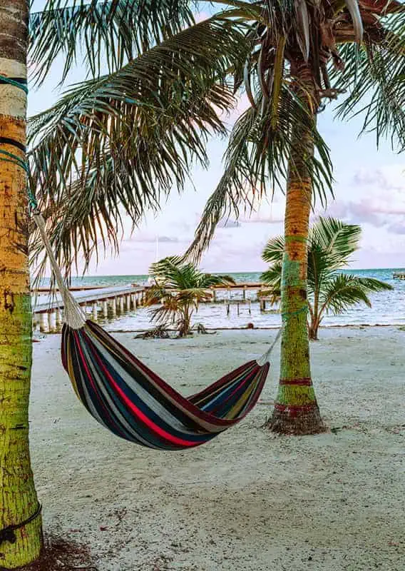 Belize In June: Is Belize Worth Visiting In June? 74 A peaceful hammock suspended between two palm trees on a sandy beach in Caye Caulker Belize, inviting relaxation during the warm June weather.