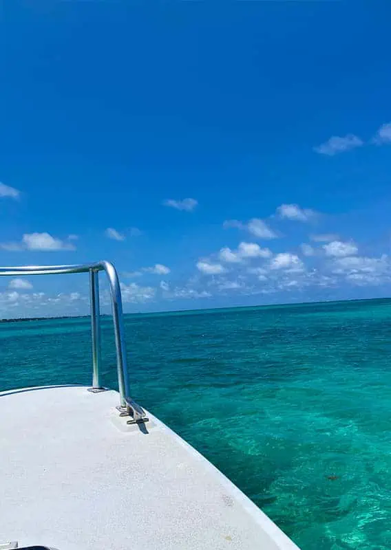 Belize In June: Is Belize Worth Visiting In June? 59 View from the front of a boat overlooking the crystal-clear Caribbean Sea and blue skies in Belize, inviting exploration during the month of June.