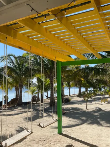 Best Beaches In Ambergris Caye For Swimming & Snorkeling 60 two swings set up over the beach at Island Wonder Beach Club In Ambergris Caye.