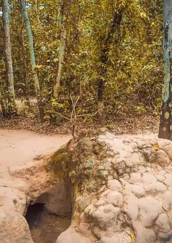 Best Cu Chi Tunnels Tours: Cheap VS Expensive 2026 49 An entrance to the Cu Chi Tunnels hidden among the forest floor, showcasing the concealed and strategic design of the tunnel openings.