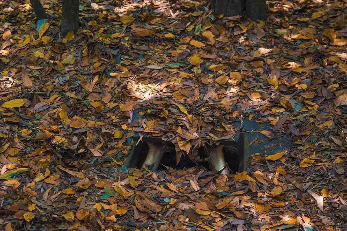 Best Cu Chi Tunnels Tours: Cheap VS Expensive 2026 45 The concealed entrance of a Cu Chi tunnel covered with a layer of fallen leaves, blending seamlessly with the forest floor.coming out of ground at cu chi tunnels vietnam
