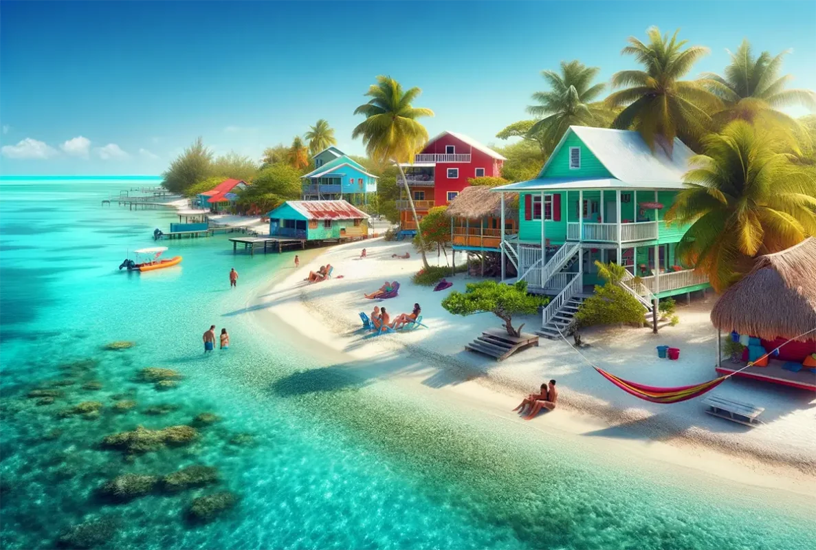 Is Caye Caulker Safe? BEST Tips For Travelers 2026 4 Visitors relax on the pristine, safe shores of Caye Caulker, showcasing the island's security with its clear turquoise waters, quaint colorful beachfront homes, and a serene environment, prompting the question, 'Is Caye Caulker safe?' for concerned travelers.