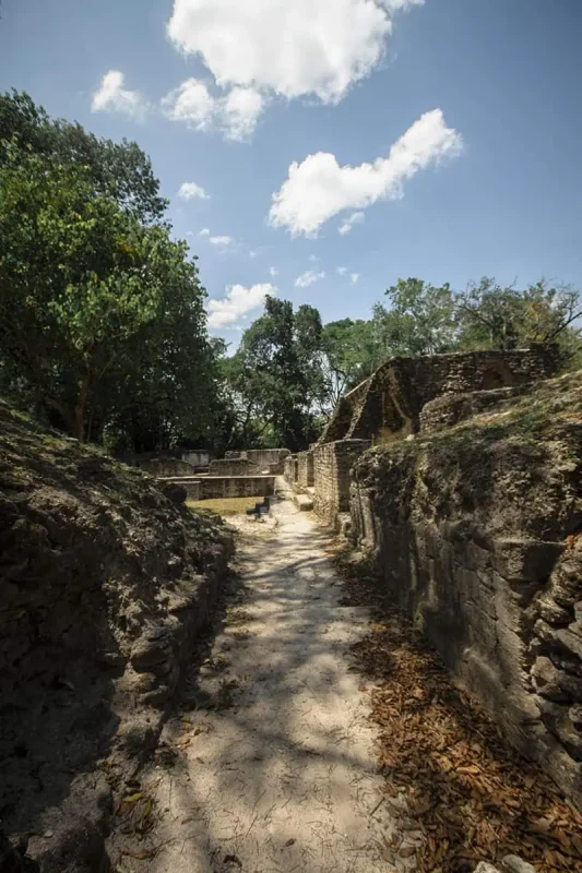 Mexico Belize Guatemala Itinerary: BEST Backpacking Route 87 A pathway leading through an ancient Mayan archaeological site in San Ignacio, nestled in a forest setting. The ruins feature stone walls and archways that frame a clear sky, surrounded by dense trees, offering a glimpse into the past civilization