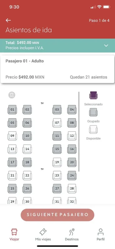 Bacalar To Caye Caulker: The ULTIMATE Travel Guide 2026 59 Screenshot of the ado bus app showing available and occupied seats. The seat map includes details such as the total cost of $492.00 MXN for an adult ticket