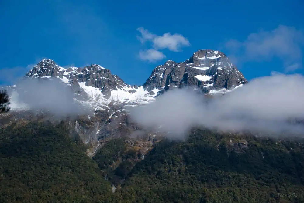 Mirror Lakes: Is It Worth Visiting In Milford Sound, NZ? 17 A close-up view of majestic, snow-capped Earl Mountain Peaks against a brilliant blue sky. The rugged mountain tops are partially obscured by low-hanging clouds, enhancing the dramatic contrast between the pristine white snow and the dark, rocky surfaces. The lush, green foothills below add a touch of softness to the otherwise stark landscape.