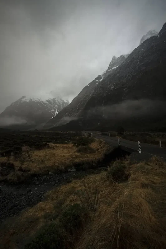 Monkey Creek: BEST Stop On The Way To Milford Sound 21 A winding road cuts through the rugged landscape of Monkey Creek, New Zealand, bordered by golden grasses and green shrubs. The road leads towards mist-shrouded mountains that loom overhead, their rocky surfaces streaked with white snow. The cloudy sky adds to the dramatic and remote feel of the scene.