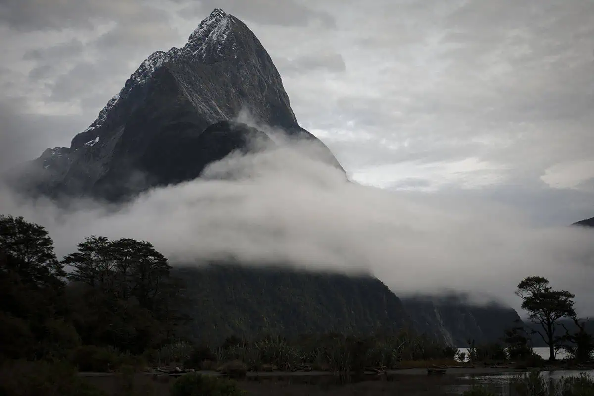 Milford Sound In The Rain: The BEST Time To Visit 2026 26 The towering, snow-capped Mitre Peak rises above a layer of low-hanging clouds in Milford Sound. The dark, rugged mountain contrasts sharply with the soft, white clouds that envelop its base, showcasing the dramatic landscape often seen during the rain in Milford Sound.