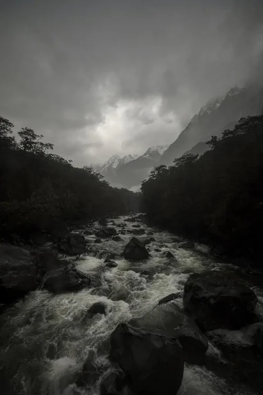 Milford Sound In The Rain: The BEST Time To Visit 2026 21 A turbulent river rushes through a forested valley with snow-capped mountains in the distance. The overcast sky and mist create a dramatic and foreboding atmosphere, typical of Milford Sound’s rainy weather.