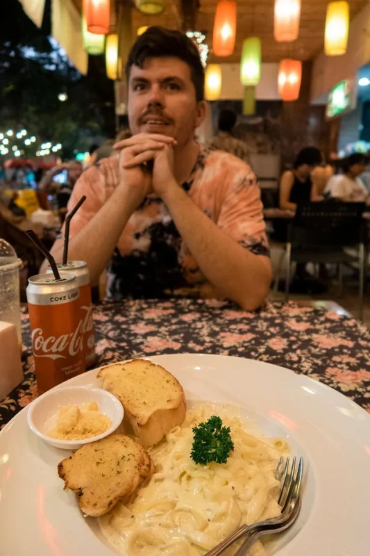 2 Days in Bangkok Itinerary For First-Time Visitors 67 A cheap fettucine and coke on Khao San Road for dinner in Bangkok