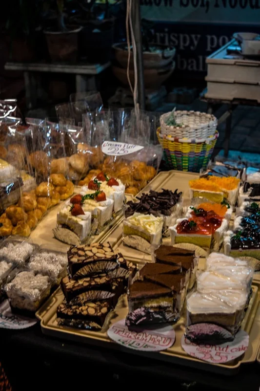 Cakes and desserts displayed at a stall at the Sunday Market in Chiang Mai