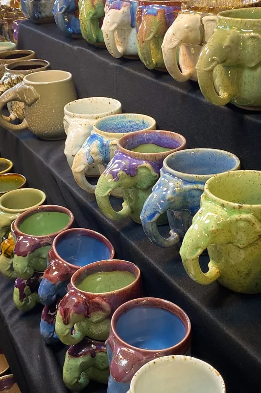hand crafted elephant mugs for sale at the Chiang Mai Sunday Night Market