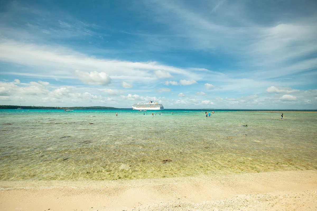 standing on the shoreline of Easo beach looking out towards the cruise ship in Lifou