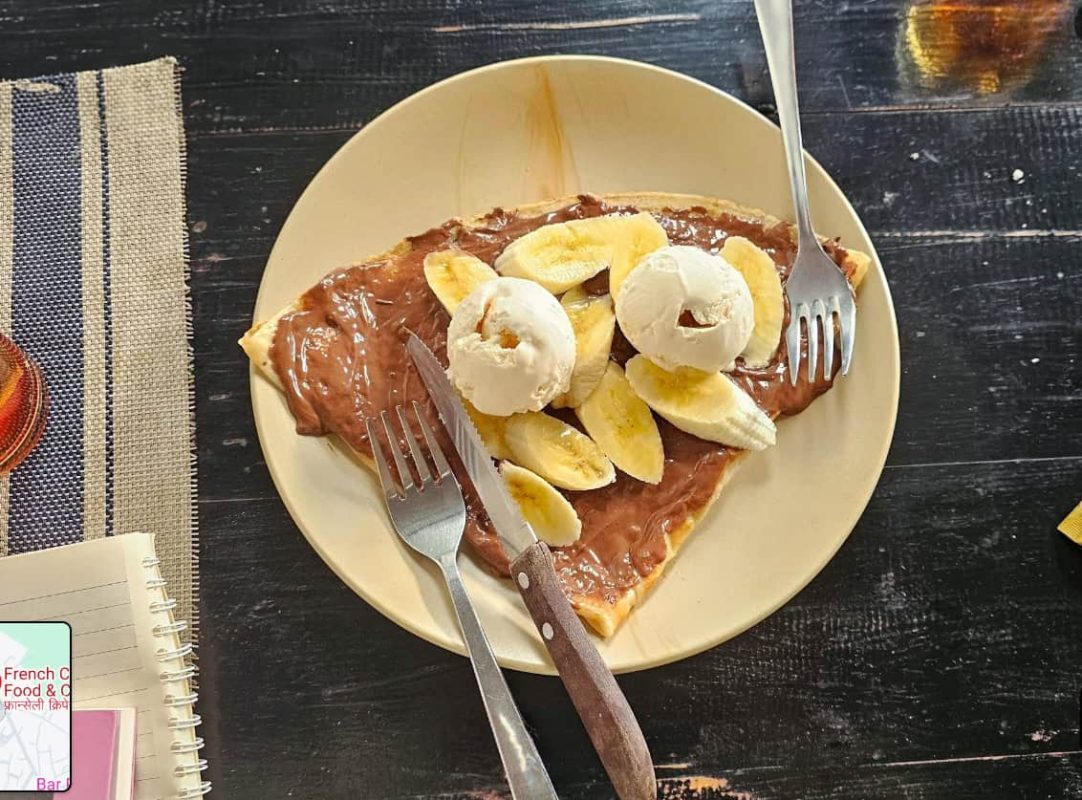 Best Restaurants In Pokhara: Cafes, Cheap Eats & Local Food 26 banana and nutella crepe with two scoops of ice creams from the French Creperie in Pokhara