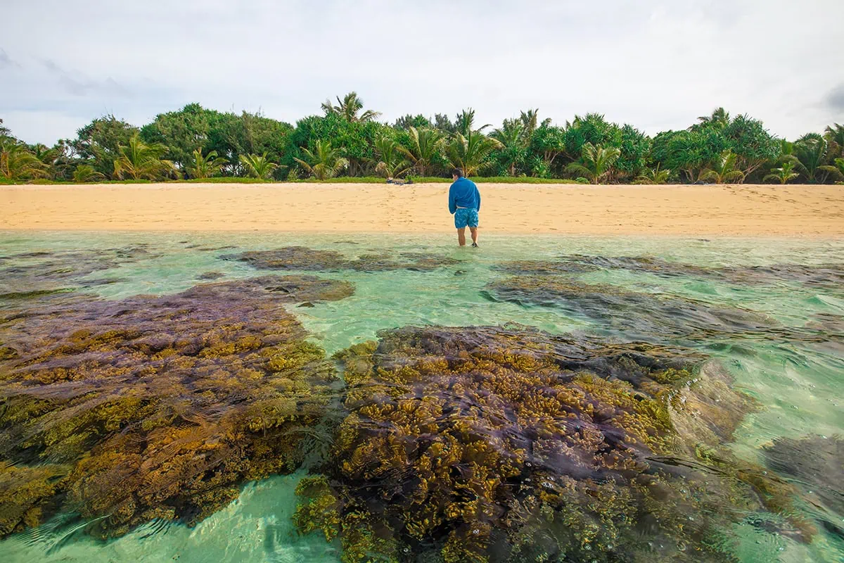 Best Things To Do On Mystery Island, Vanuatu, For Cruise Passengers 26 a man wrapped in a towel wades through coral-filled shallows toward the sandy beach on Mystery Island