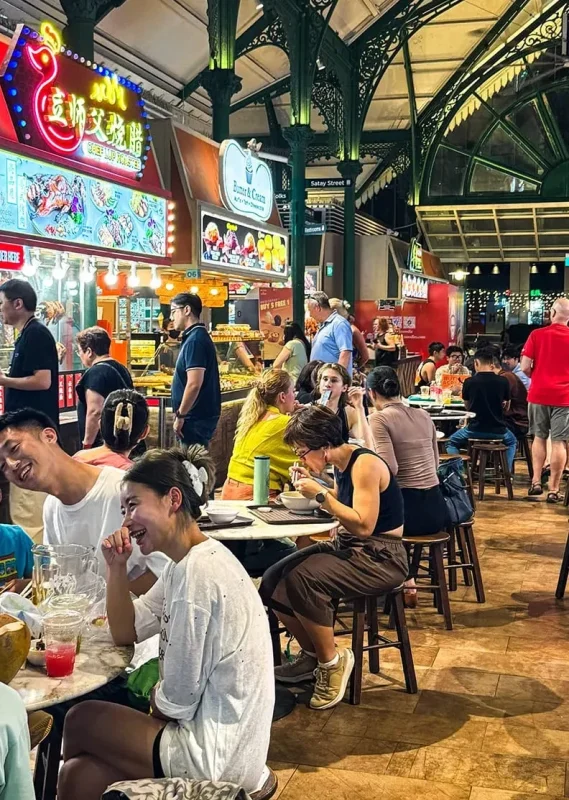 Crowds on tables enjoying their meals at Lau Pa Sat in Singapore