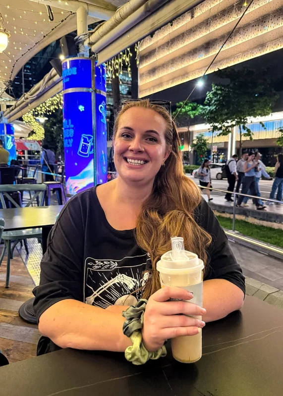Tasha Amy enjoying a bubble tea at Lau Pa Sat