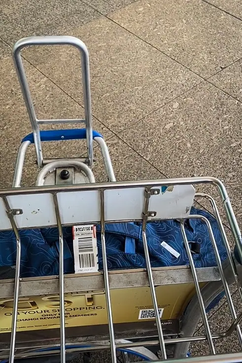 Tasha Amys backpack loaded onto a trolley at Singapore Airport