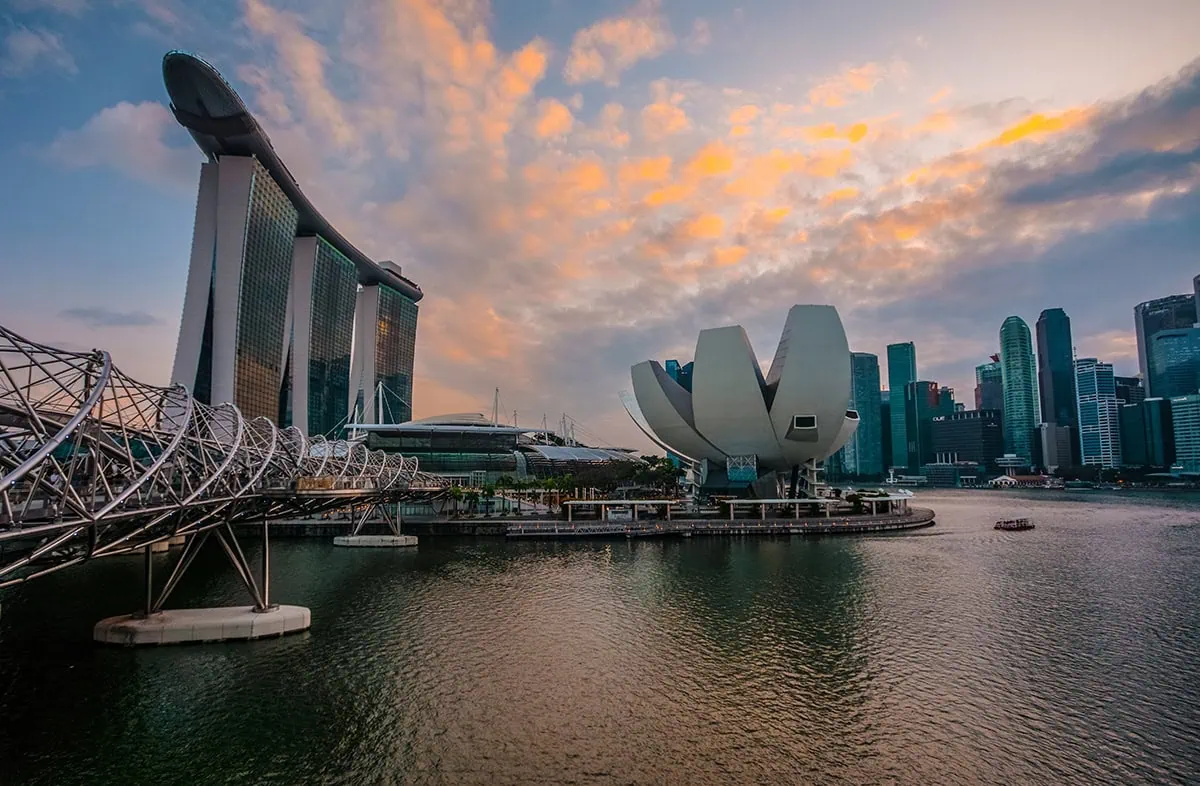 Looking out to Marina Bay Sands and the Art Science Museum in Singapore at sunset