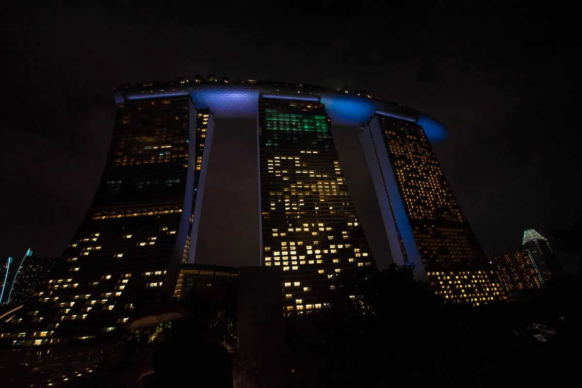 Spectra Light Show Singapore: Times, Best Views & Tips 20 Looking up at Marina Bay Sands Hotel all lit up at night