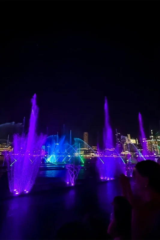 Spectra Light Show Singapore: Times, Best Views & Tips 11 The Spectra Light Show with purple fountains shooting into the air