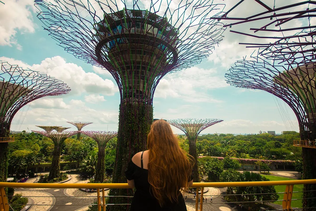 Gardens By The Bay Light Show: Times, Best Viewing Spots & Tips 27 Tasha Amy standing on the OCBC Skyway looking out over the Supertree Grove during the daytime