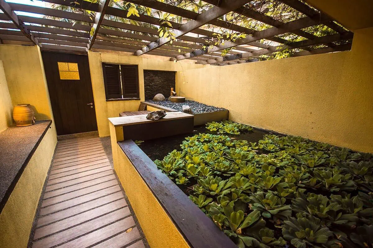 Furama RiverFront Review: What It’s Really Like To Stay Here 9 Private courtyard with floating plants and a stone water feature at Furama RiverFront