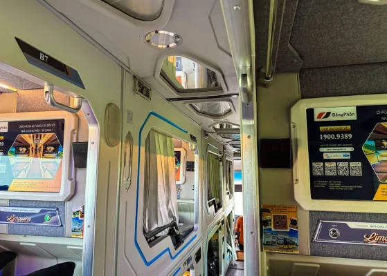Inside a Bang Phan sleeper bus with individual cabins to Ha Giang