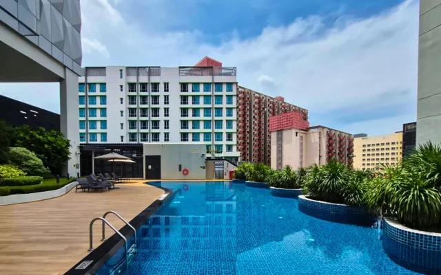 Looking over the pool at Hotel Mi Rochor