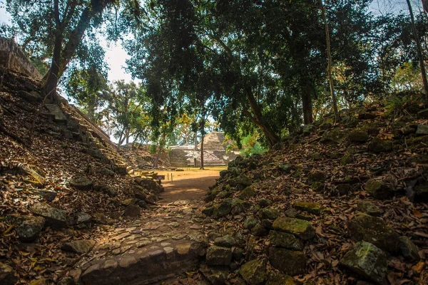 Stone pathway leading through to Copan Mayan Ruins in Honduras
