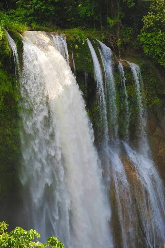2 Weeks In Honduras Itinerary: My Recommended Route 51 A wide waterfall cascading over a mossy cliff surrounded by dense green forest near Lago de Yojoa