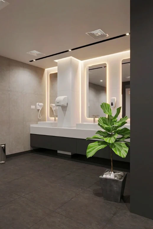 Best Hostels In Ha Giang: Where To Stay Before The Loop 61 Bathroom at Bong Backpackers in Ha Giang with illuminated mirrors, a long vanity and gray tiled walls
