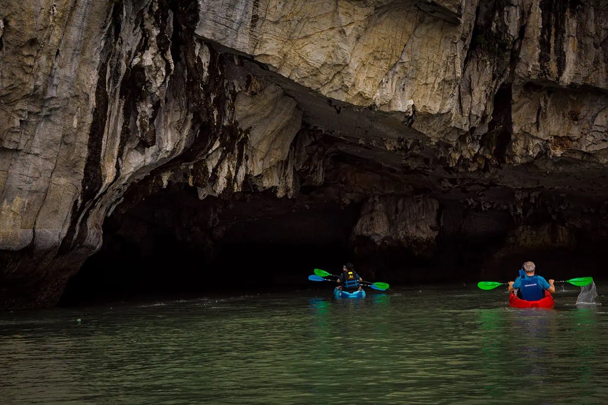 Luon Cave Ha Long Bay: Is It Worth Visiting? 71 Kayakers paddling toward the dark entrance of Luon Cave beneath an overhang
