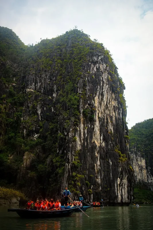 Luon Cave Ha Long Bay: Is It Worth Visiting? 72 Rowboats carrying visitors beneath a towering limestone cliff in the lagoon at Luon Cave