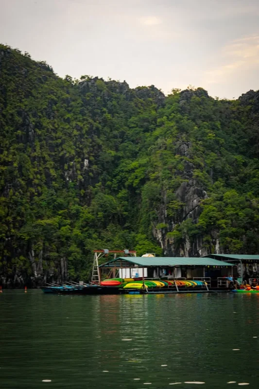 Luon Cave Ha Long Bay: Is It Worth Visiting? 64 Floating boat and kayak station beneath forested limestone cliffs at Luon Cave